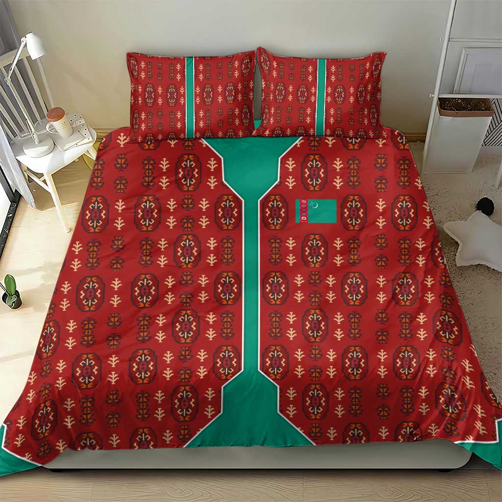 Turkmenistan Traditional Carpet Pattern Bedding Set with National Flag