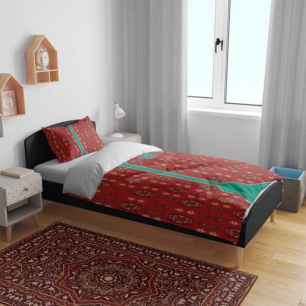 Turkmenistan Traditional Carpet Pattern Bedding Set with National Flag