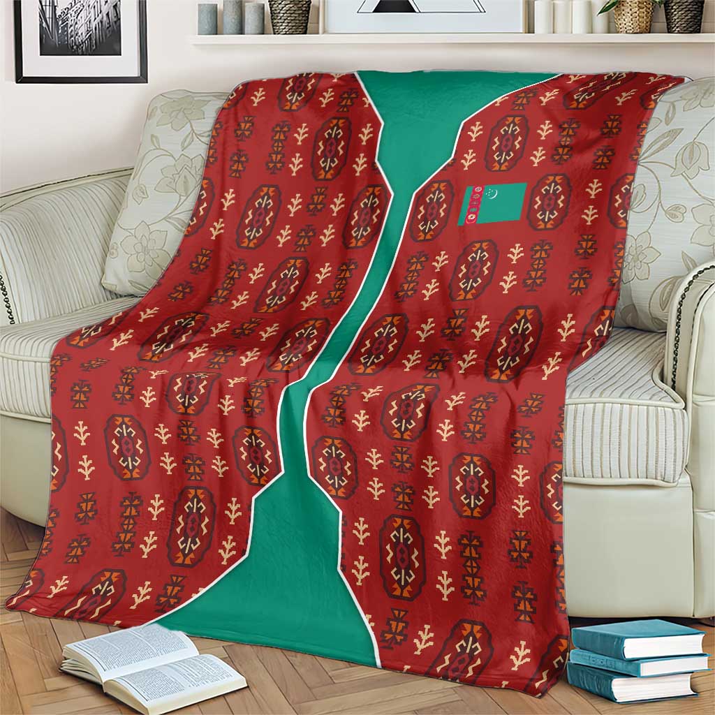 Turkmenistan Traditional Carpet Pattern Blanket with National Flag