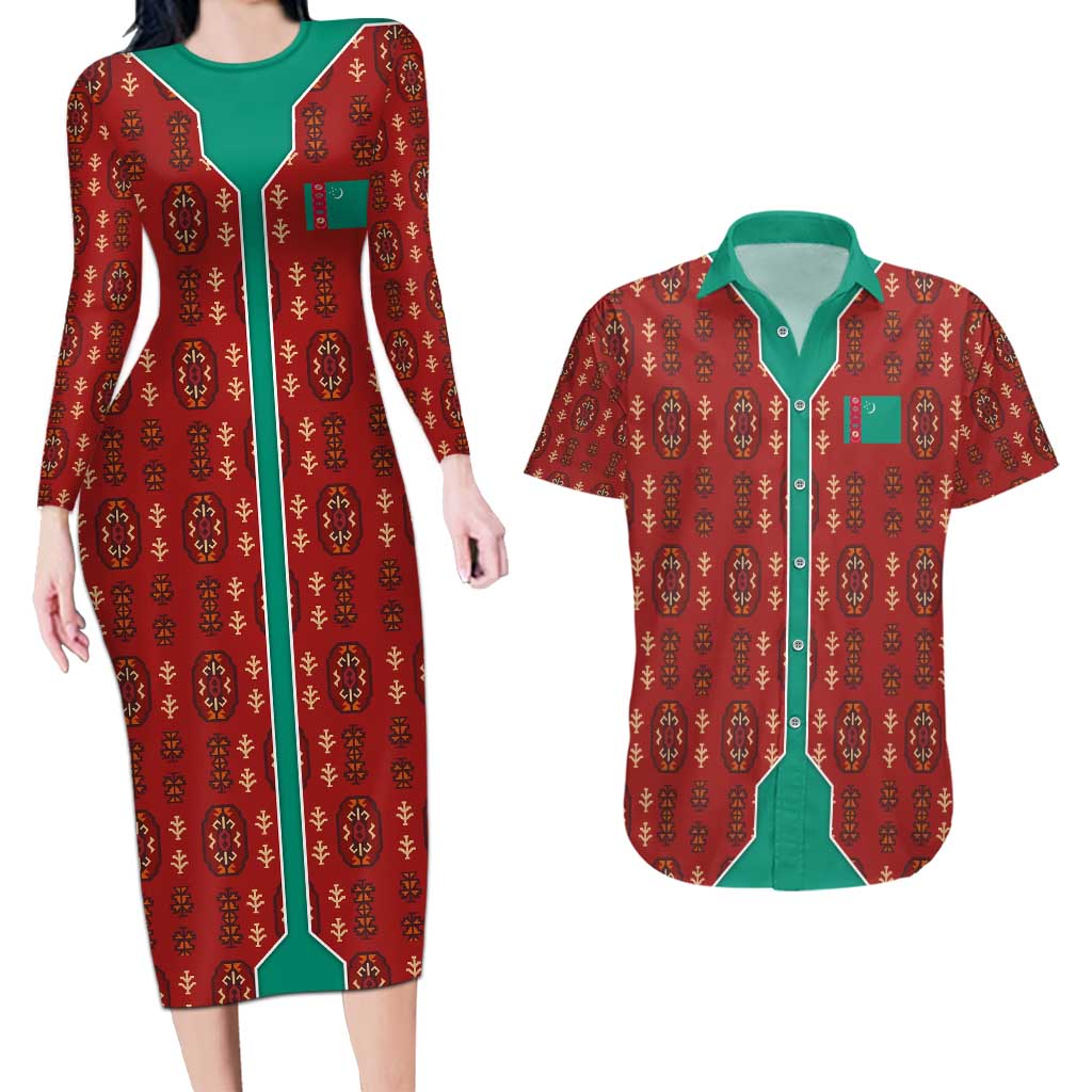 Turkmenistan Traditional Carpet Pattern Couples Matching Long Sleeve Bodycon Dress and Hawaiian Shirt with National Flag