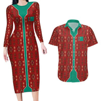 Turkmenistan Traditional Carpet Pattern Couples Matching Long Sleeve Bodycon Dress and Hawaiian Shirt with National Flag