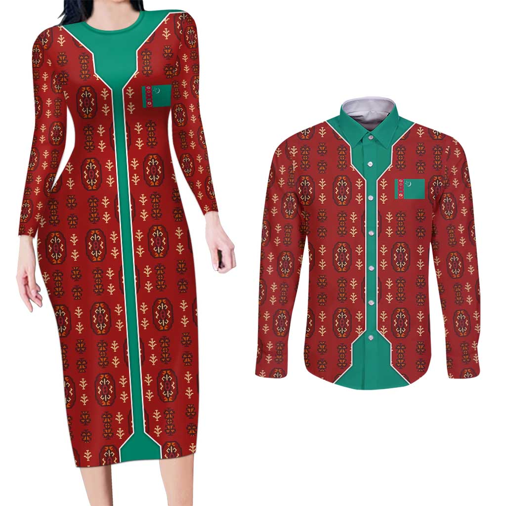Turkmenistan Traditional Carpet Pattern Couples Matching Long Sleeve Bodycon Dress and Long Sleeve Button Shirt with National Flag