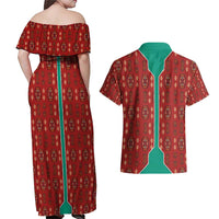 Turkmenistan Traditional Carpet Pattern Couples Matching Off Shoulder Maxi Dress and Hawaiian Shirt with National Flag
