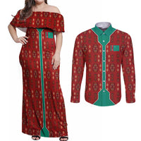 Turkmenistan Traditional Carpet Pattern Couples Matching Off Shoulder Maxi Dress and Long Sleeve Button Shirt with National Flag