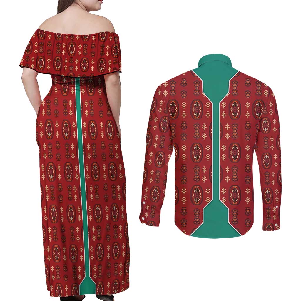 Turkmenistan Traditional Carpet Pattern Couples Matching Off Shoulder Maxi Dress and Long Sleeve Button Shirt with National Flag
