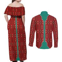 Turkmenistan Traditional Carpet Pattern Couples Matching Off Shoulder Maxi Dress and Long Sleeve Button Shirt with National Flag