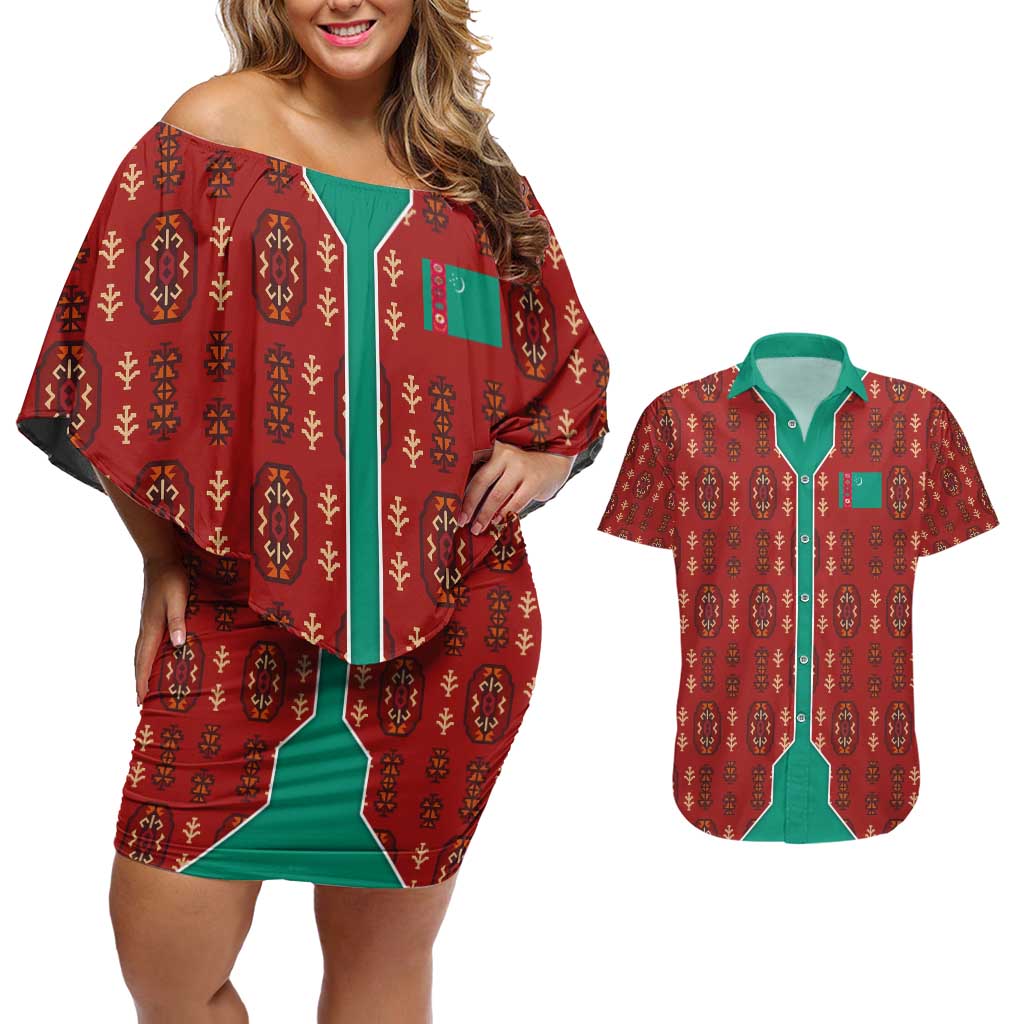 Turkmenistan Traditional Carpet Pattern Couples Matching Off Shoulder Short Dress and Hawaiian Shirt with National Flag