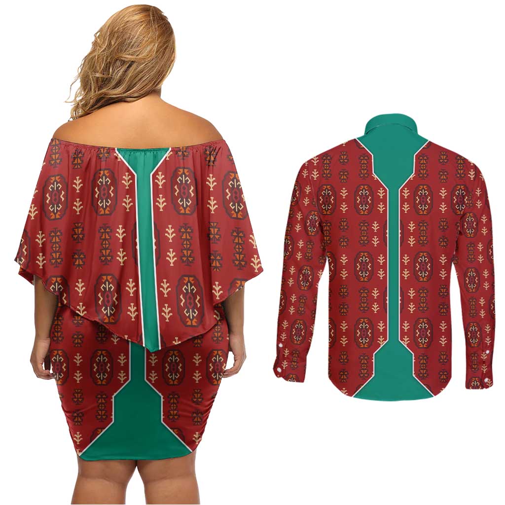 Turkmenistan Traditional Carpet Pattern Couples Matching Off Shoulder Short Dress and Long Sleeve Button Shirt with National Flag