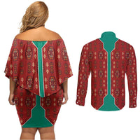 Turkmenistan Traditional Carpet Pattern Couples Matching Off Shoulder Short Dress and Long Sleeve Button Shirt with National Flag