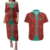 Turkmenistan Traditional Carpet Pattern Couples Matching Puletasi and Hawaiian Shirt with National Flag