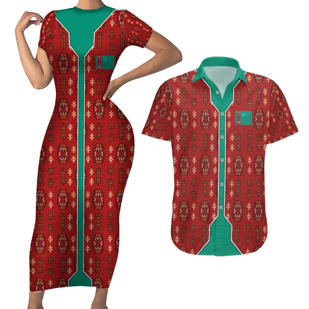 Turkmenistan Traditional Carpet Pattern Couples Matching Short Sleeve Bodycon Dress and Hawaiian Shirt with National Flag