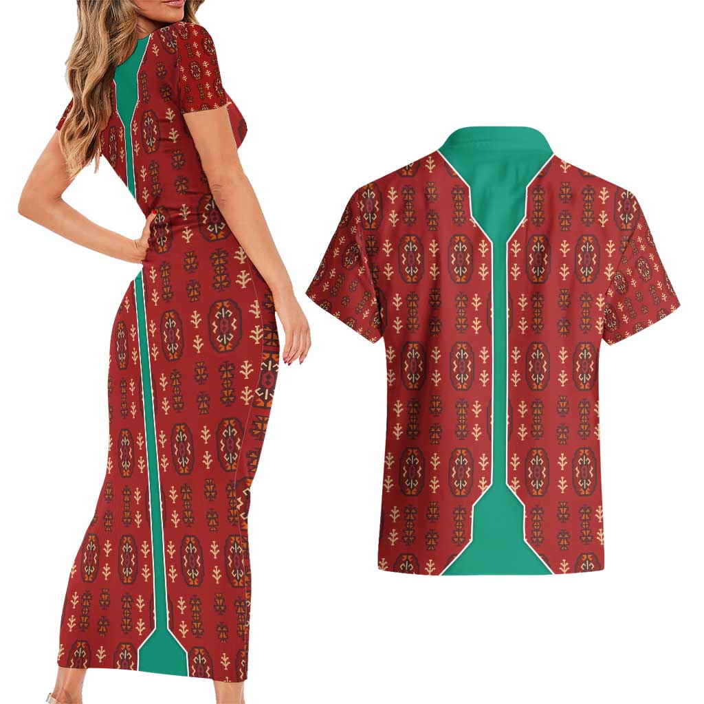 Turkmenistan Traditional Carpet Pattern Couples Matching Short Sleeve Bodycon Dress and Hawaiian Shirt with National Flag