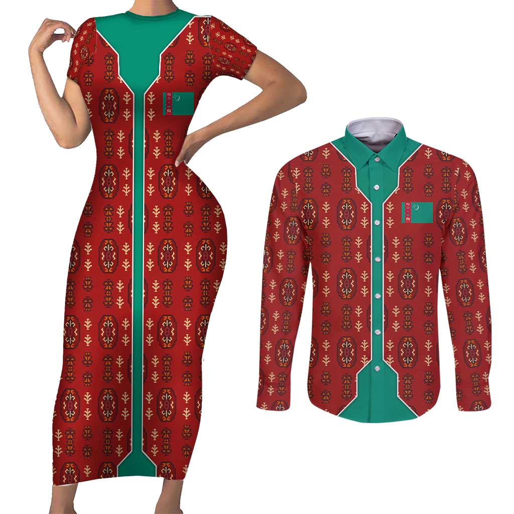 Turkmenistan Traditional Carpet Pattern Couples Matching Short Sleeve Bodycon Dress and Long Sleeve Button Shirt with National Flag