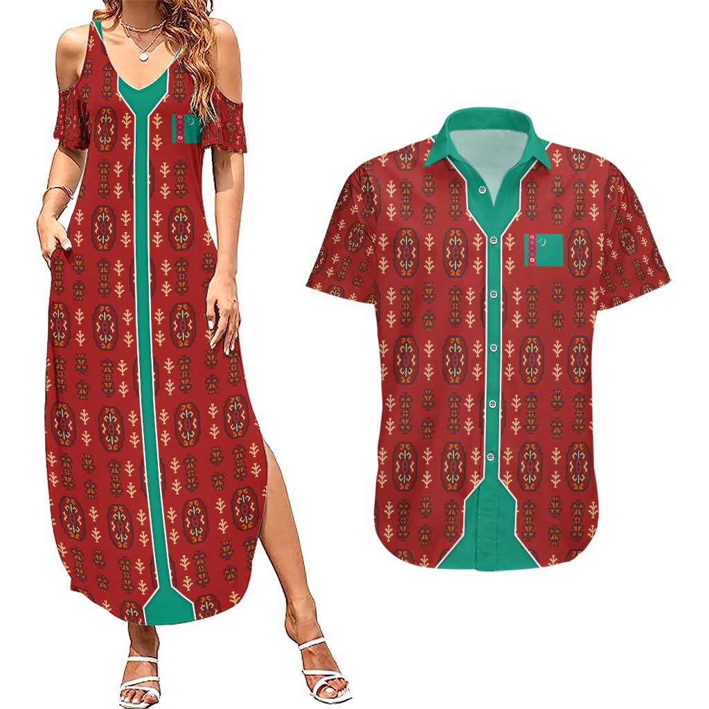 Turkmenistan Traditional Carpet Pattern Couples Matching Summer Maxi Dress and Hawaiian Shirt with National Flag