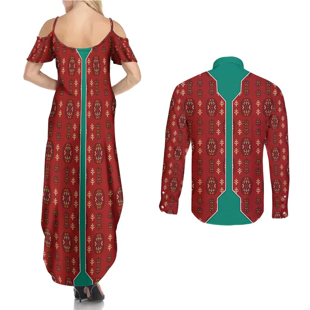 Turkmenistan Traditional Carpet Pattern Couples Matching Summer Maxi Dress and Long Sleeve Button Shirt with National Flag