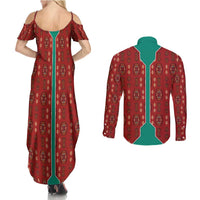 Turkmenistan Traditional Carpet Pattern Couples Matching Summer Maxi Dress and Long Sleeve Button Shirt with National Flag