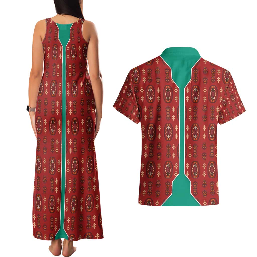 Turkmenistan Traditional Carpet Pattern Couples Matching Tank Maxi Dress and Hawaiian Shirt with National Flag