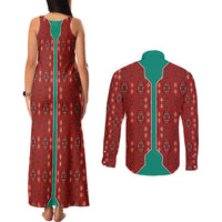 Turkmenistan Traditional Carpet Pattern Couples Matching Tank Maxi Dress and Long Sleeve Button Shirt with National Flag