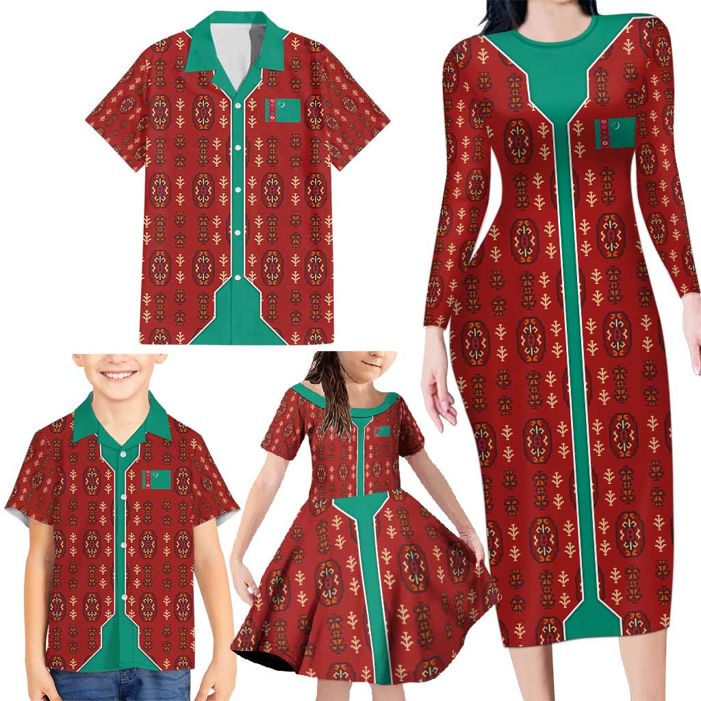 Turkmenistan Traditional Carpet Pattern Family Matching Long Sleeve Bodycon Dress and Hawaiian Shirt with National Flag