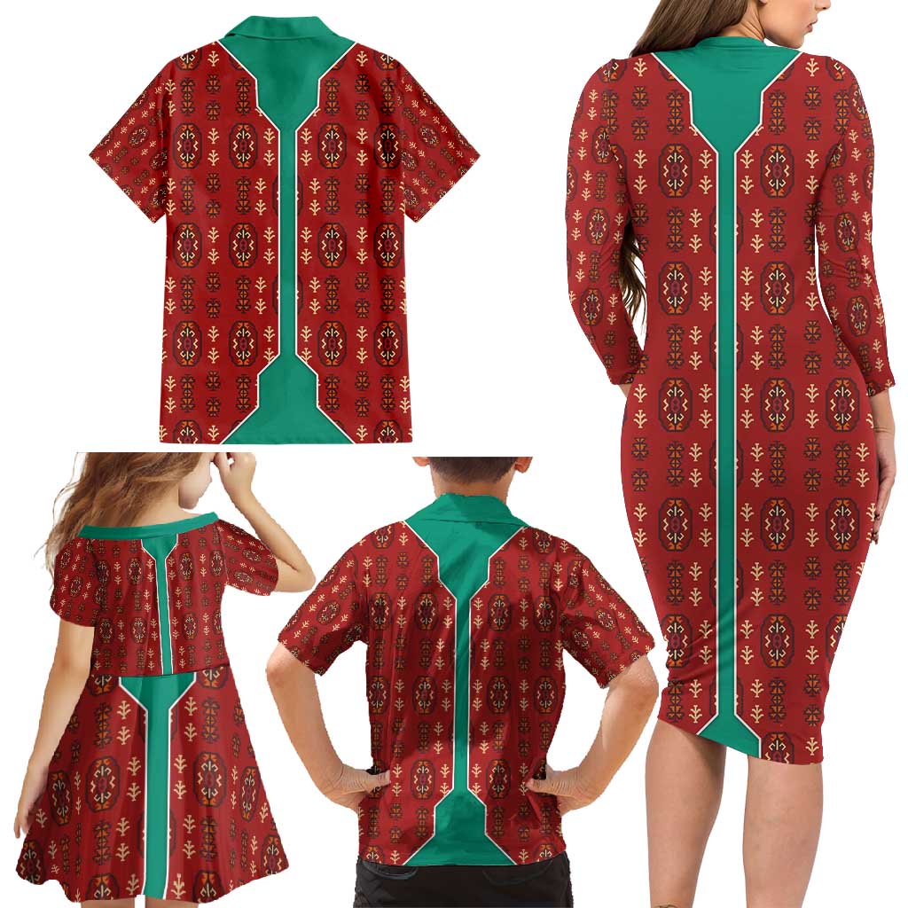 Turkmenistan Traditional Carpet Pattern Family Matching Long Sleeve Bodycon Dress and Hawaiian Shirt with National Flag