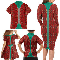 Turkmenistan Traditional Carpet Pattern Family Matching Long Sleeve Bodycon Dress and Hawaiian Shirt with National Flag