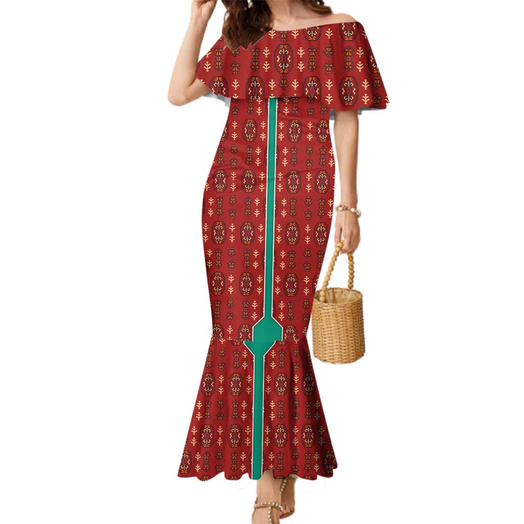 Turkmenistan Traditional Carpet Pattern Family Matching Mermaid Dress and Hawaiian Shirt with National Flag
