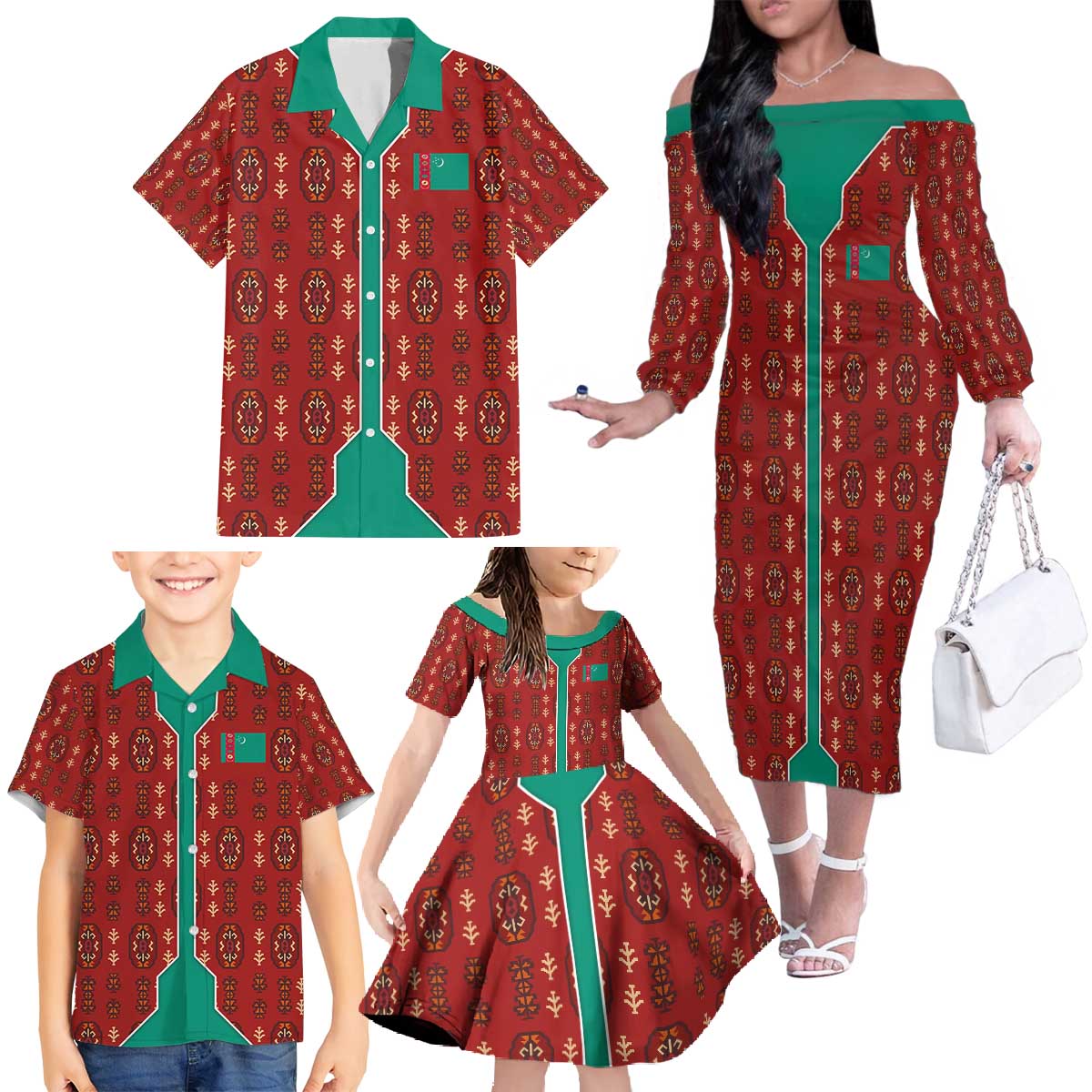 Turkmenistan Traditional Carpet Pattern Family Matching Off The Shoulder Long Sleeve Dress and Hawaiian Shirt with National Flag
