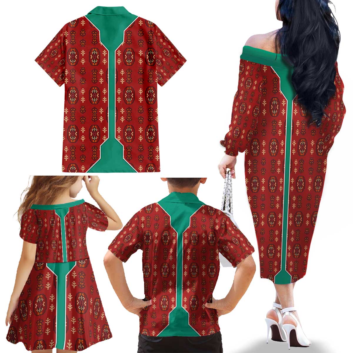 Turkmenistan Traditional Carpet Pattern Family Matching Off The Shoulder Long Sleeve Dress and Hawaiian Shirt with National Flag