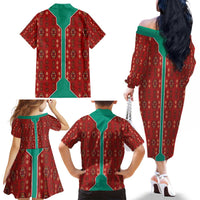 Turkmenistan Traditional Carpet Pattern Family Matching Off The Shoulder Long Sleeve Dress and Hawaiian Shirt with National Flag