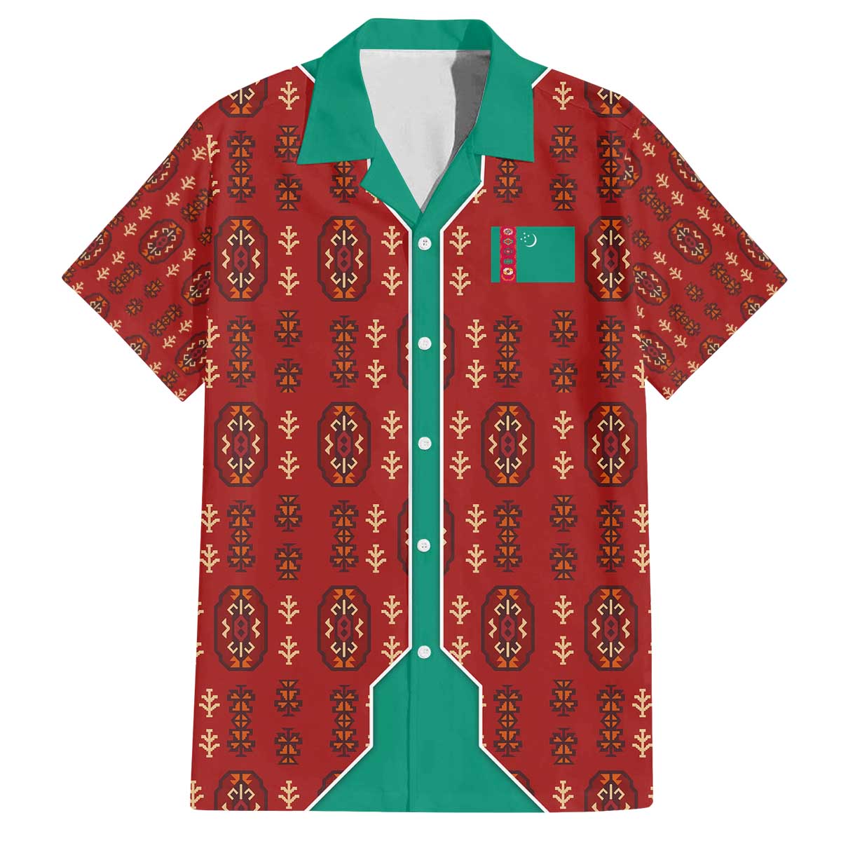 Turkmenistan Traditional Carpet Pattern Family Matching Off The Shoulder Long Sleeve Dress and Hawaiian Shirt with National Flag