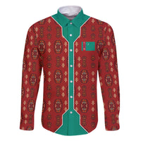 Turkmenistan Traditional Carpet Pattern Family Matching Off The Shoulder Long Sleeve Dress and Hawaiian Shirt with National Flag