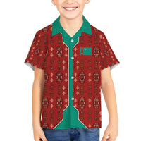 Turkmenistan Traditional Carpet Pattern Family Matching Off The Shoulder Long Sleeve Dress and Hawaiian Shirt with National Flag