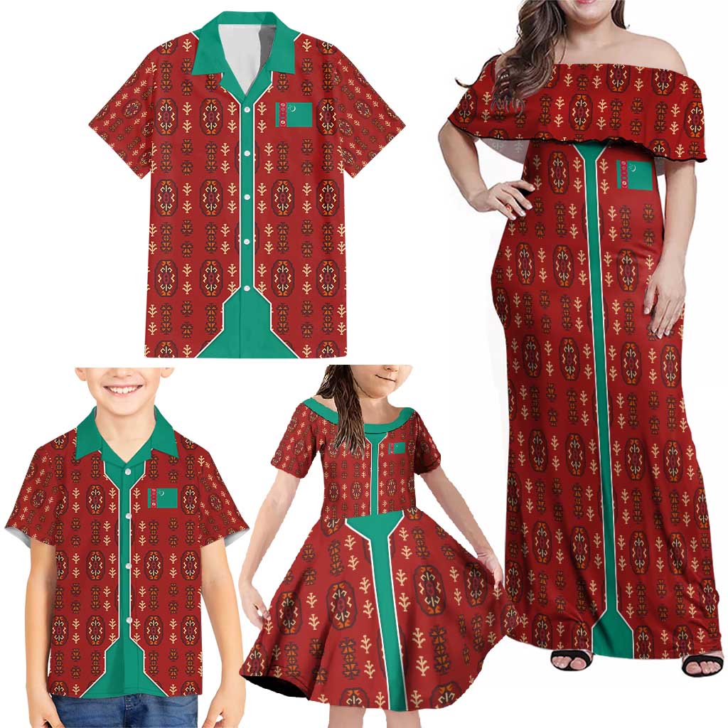 Turkmenistan Traditional Carpet Pattern Family Matching Off Shoulder Maxi Dress and Hawaiian Shirt with National Flag