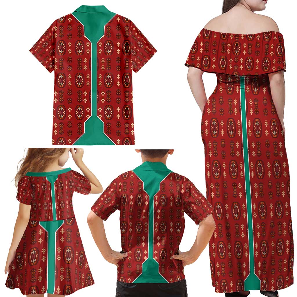 Turkmenistan Traditional Carpet Pattern Family Matching Off Shoulder Maxi Dress and Hawaiian Shirt with National Flag
