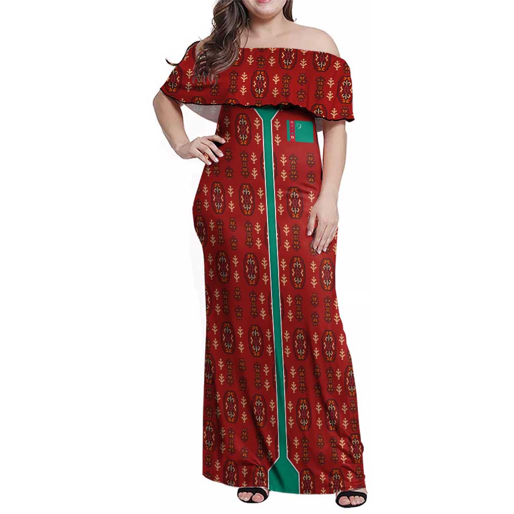Turkmenistan Traditional Carpet Pattern Family Matching Off Shoulder Maxi Dress and Hawaiian Shirt with National Flag