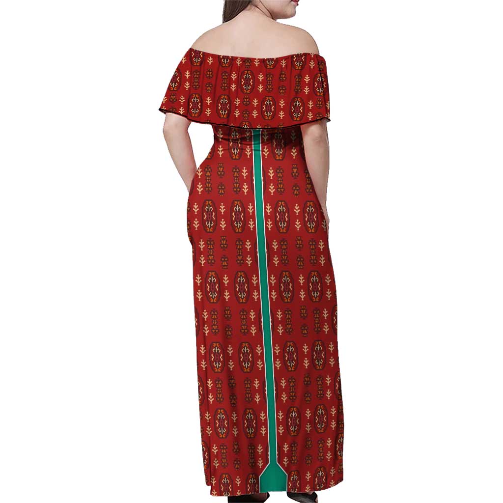 Turkmenistan Traditional Carpet Pattern Family Matching Off Shoulder Maxi Dress and Hawaiian Shirt with National Flag