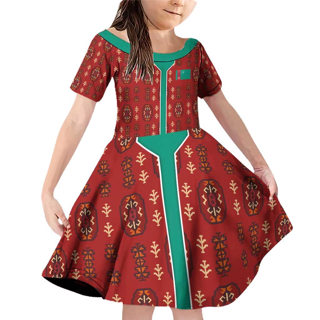 Turkmenistan Traditional Carpet Pattern Family Matching Off Shoulder Short Dress and Hawaiian Shirt with National Flag