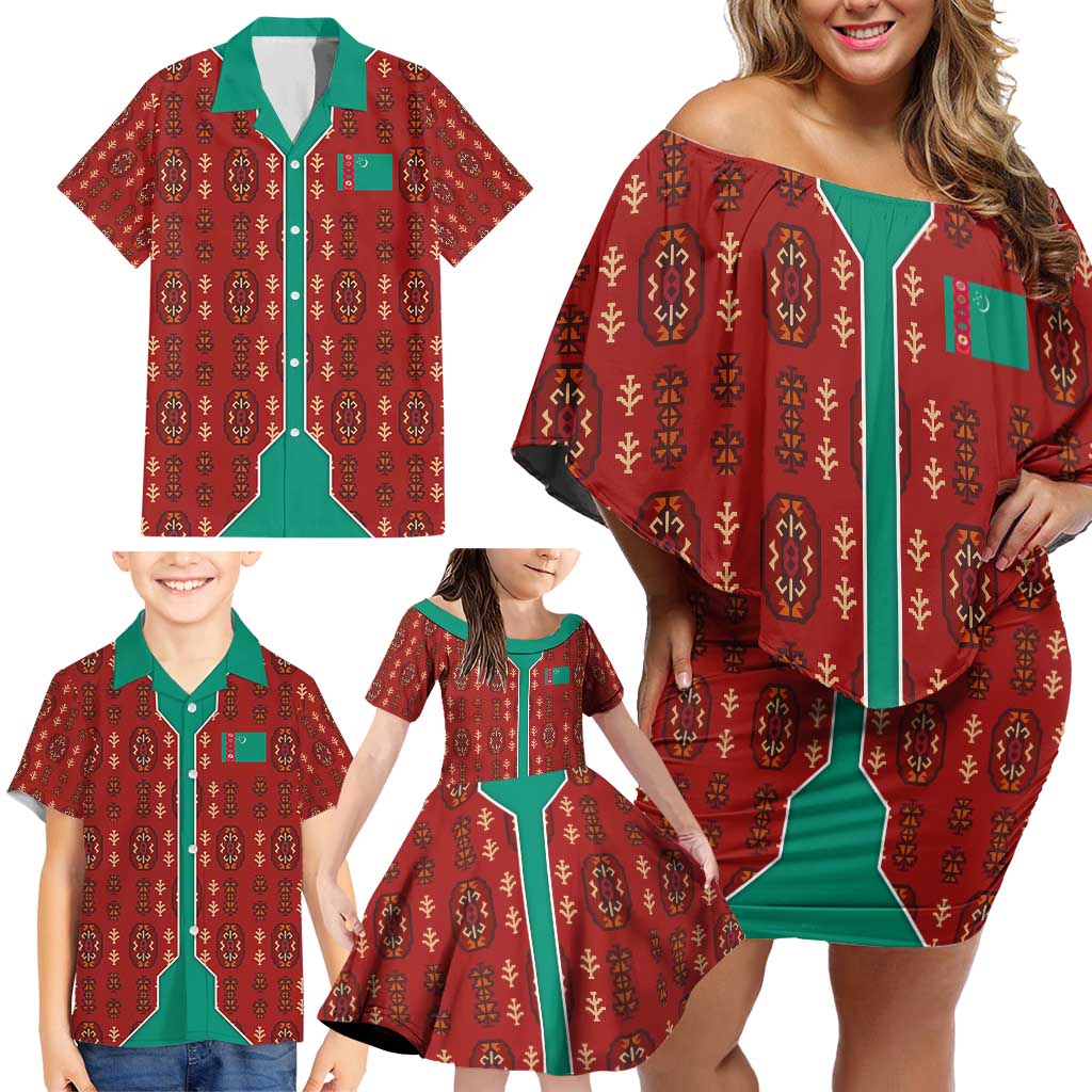 Turkmenistan Traditional Carpet Pattern Family Matching Off Shoulder Short Dress and Hawaiian Shirt with National Flag