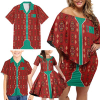 Turkmenistan Traditional Carpet Pattern Family Matching Off Shoulder Short Dress and Hawaiian Shirt with National Flag