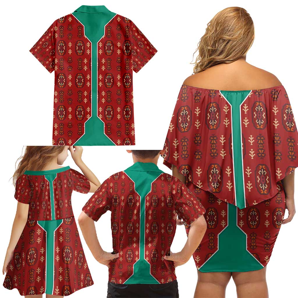 Turkmenistan Traditional Carpet Pattern Family Matching Off Shoulder Short Dress and Hawaiian Shirt with National Flag