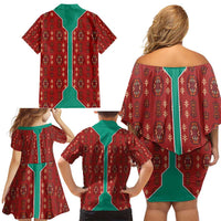 Turkmenistan Traditional Carpet Pattern Family Matching Off Shoulder Short Dress and Hawaiian Shirt with National Flag