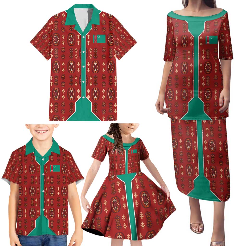 Turkmenistan Traditional Carpet Pattern Family Matching Puletasi and Hawaiian Shirt with National Flag