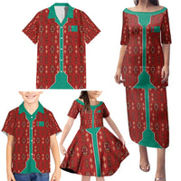 Turkmenistan Traditional Carpet Pattern Family Matching Puletasi and Hawaiian Shirt with National Flag