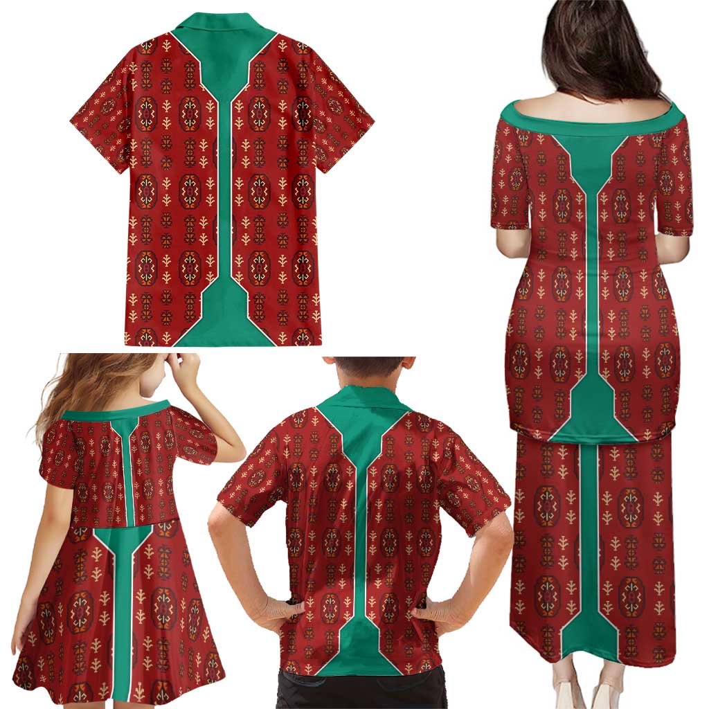 Turkmenistan Traditional Carpet Pattern Family Matching Puletasi and Hawaiian Shirt with National Flag