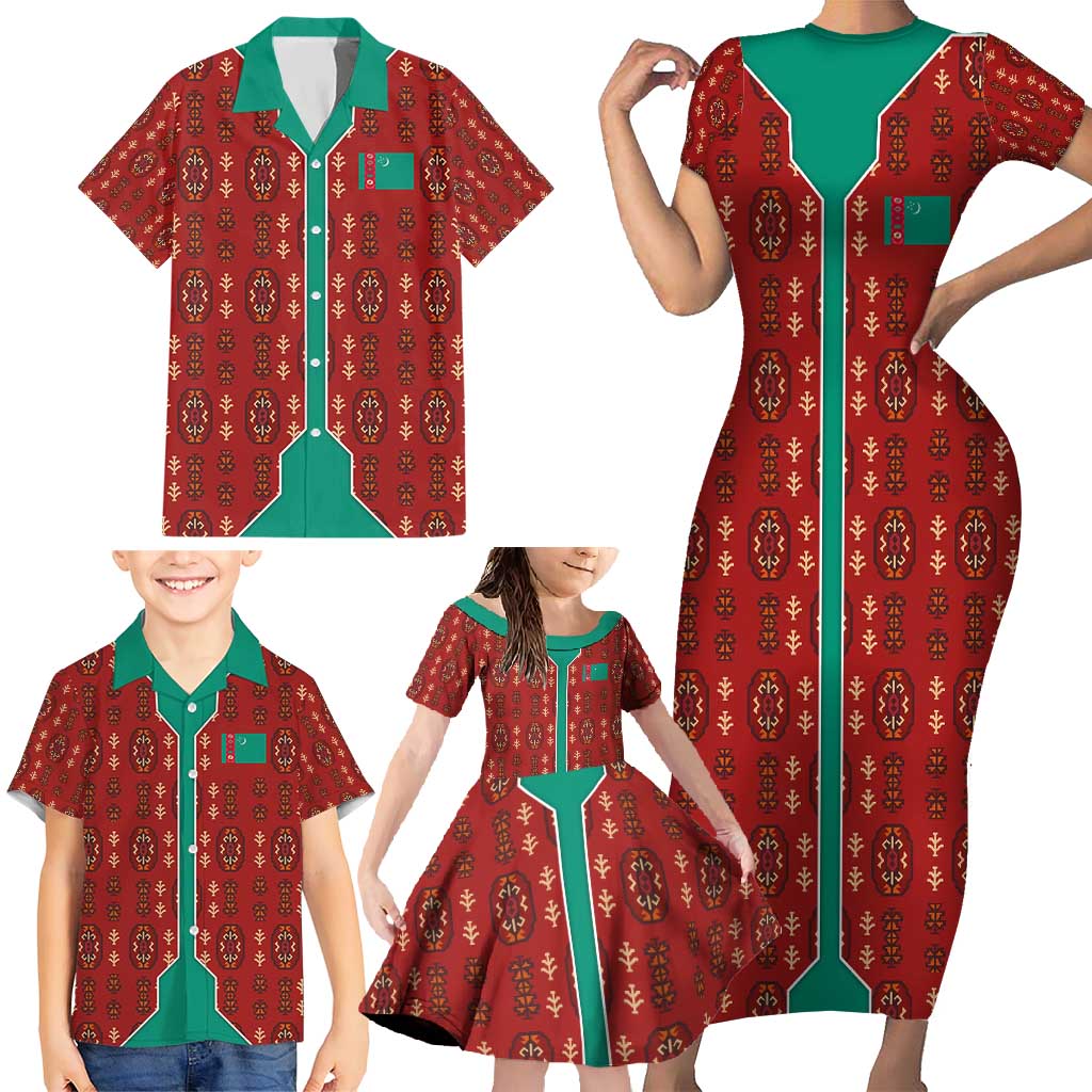 Turkmenistan Traditional Carpet Pattern Family Matching Short Sleeve Bodycon Dress and Hawaiian Shirt with National Flag
