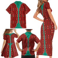 Turkmenistan Traditional Carpet Pattern Family Matching Short Sleeve Bodycon Dress and Hawaiian Shirt with National Flag