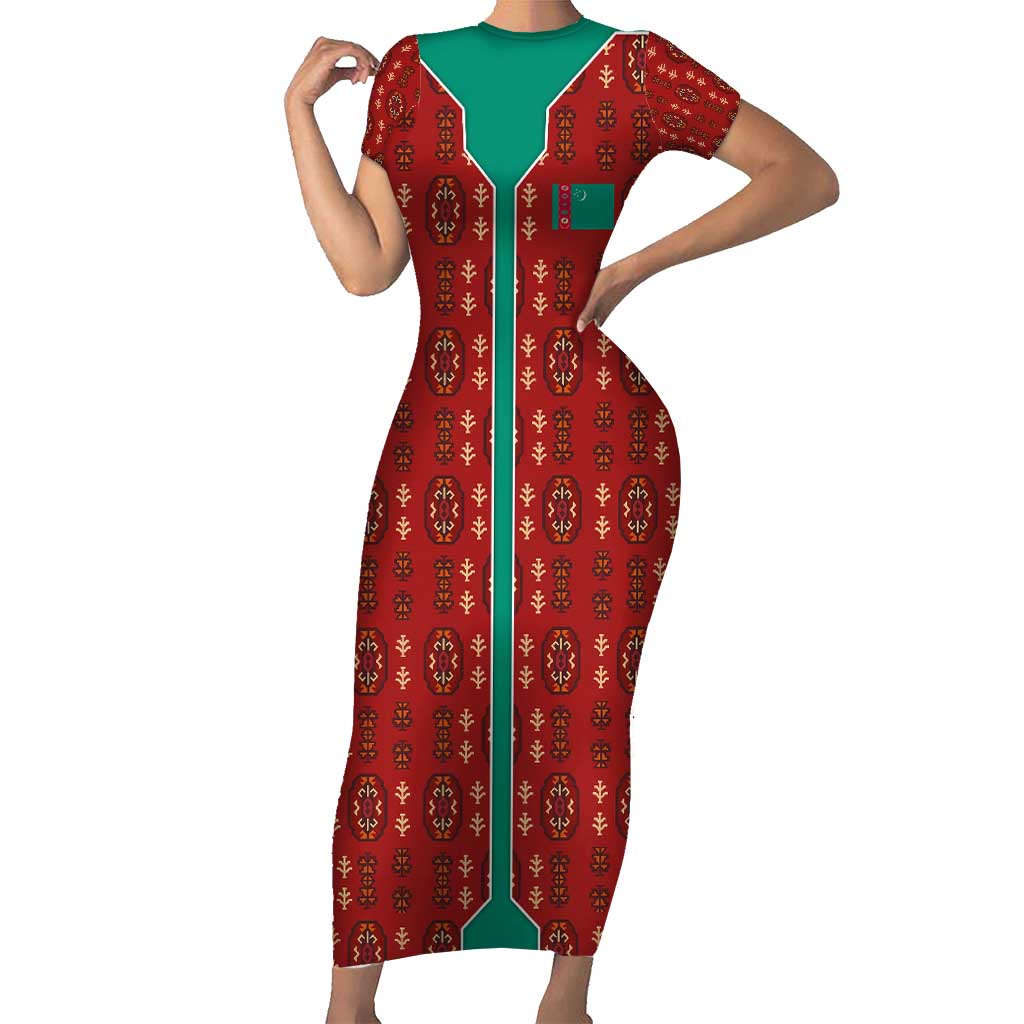 Turkmenistan Traditional Carpet Pattern Family Matching Short Sleeve Bodycon Dress and Hawaiian Shirt with National Flag