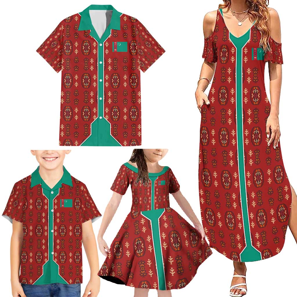 Turkmenistan Traditional Carpet Pattern Family Matching Summer Maxi Dress and Hawaiian Shirt with National Flag
