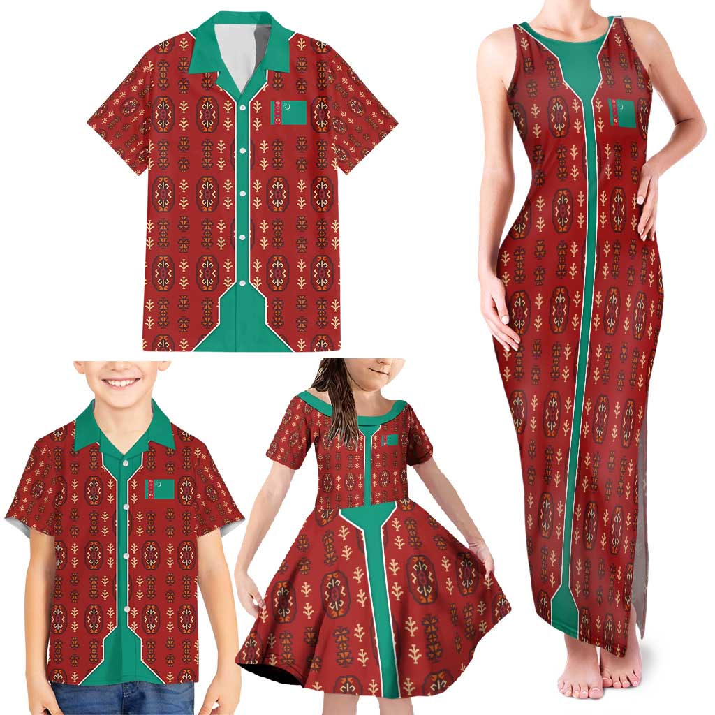 Turkmenistan Traditional Carpet Pattern Family Matching Tank Maxi Dress and Hawaiian Shirt with National Flag
