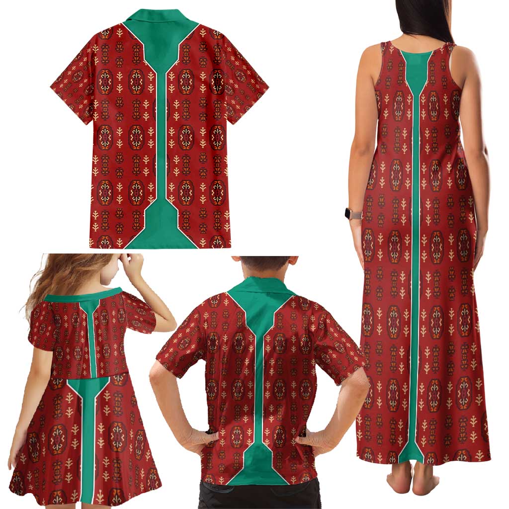 Turkmenistan Traditional Carpet Pattern Family Matching Tank Maxi Dress and Hawaiian Shirt with National Flag